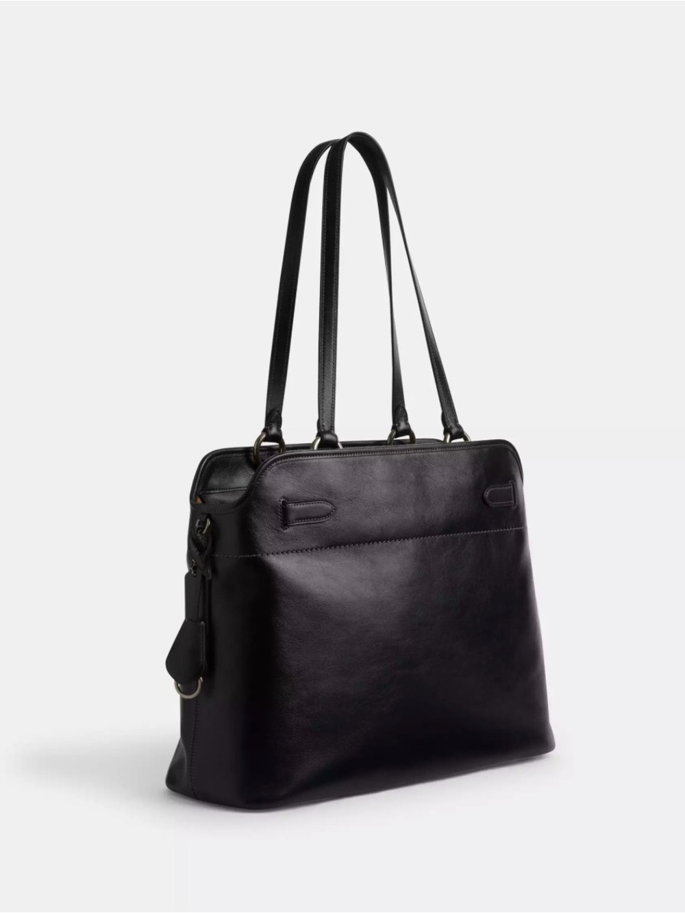Coach Black Leather Double-Handle Tote with Logo Charm - Picture 2 of 8